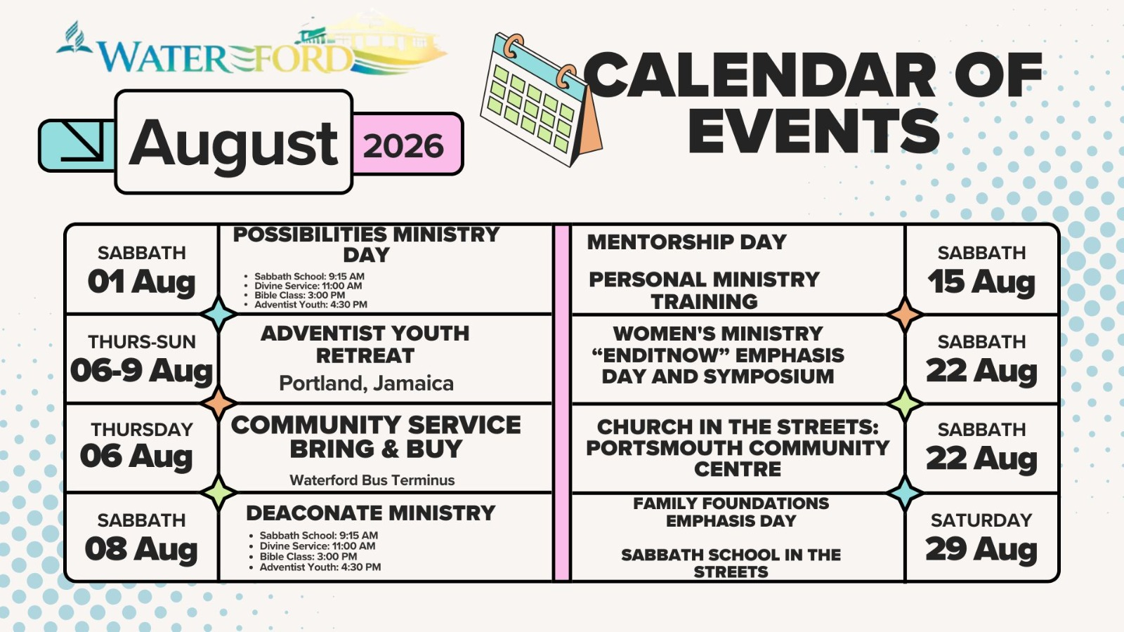 August 2026 church calendar