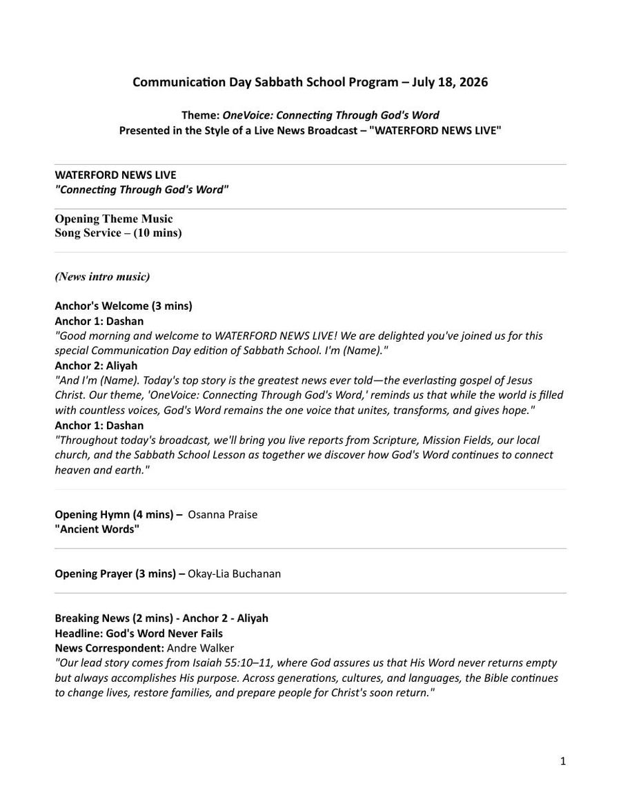 Sabbath School program page 1